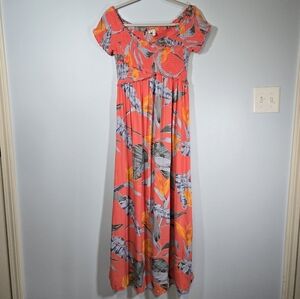 Patrons of Peace Coral Floral Maxi‎ Dress Size Medium Shirred Off The Shoulder